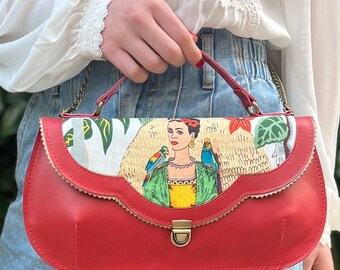 Red Frida Kahlo purse, mothers day gift, unique red retro leather purse, gift for mom, Spring top handle crossbody bag