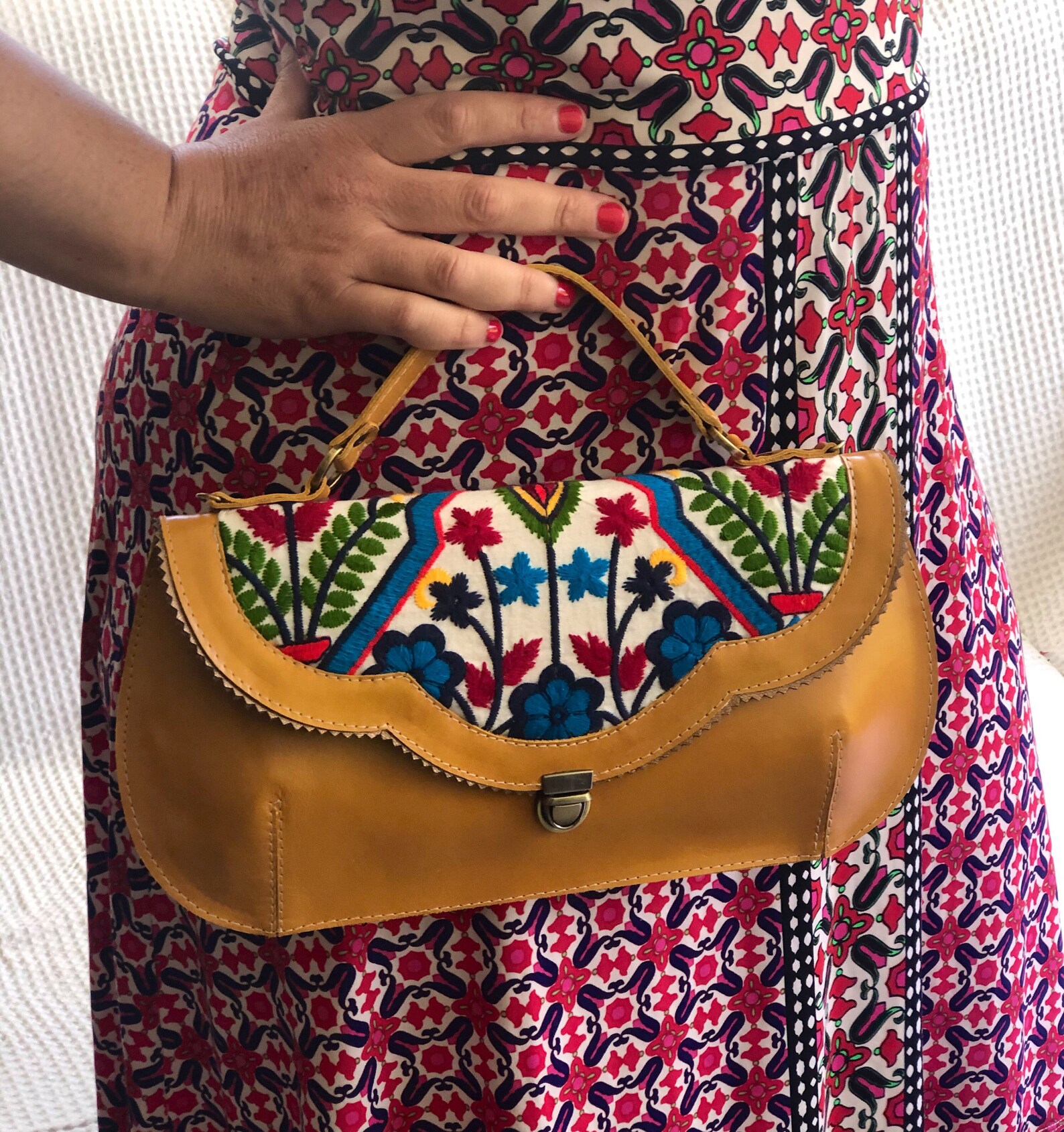 Mustard Leather purse with colorful embroidery colorful Etsy