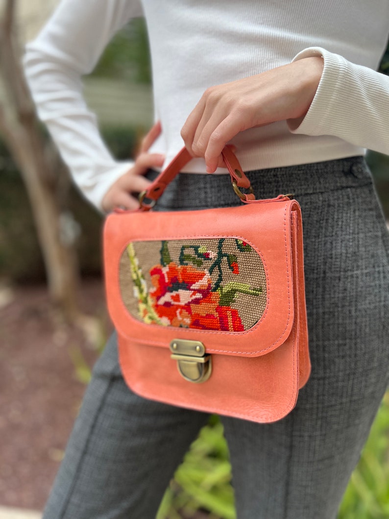 Peach leather handbag with a vintage floral needlepoint,gift for mothers day, small pink leather handbag, handmade needlepoint purse image 5