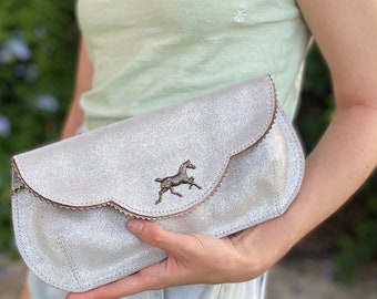 Stunning silver clutch, bridal leather purse, clutch for wedding, bridesmaid clutch, horse bag, suede clutch