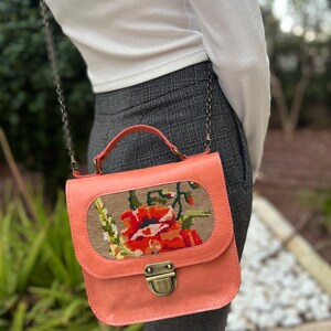 Peach leather handbag with a vintage floral needlepoint,gift for mothers day, small pink leather handbag, handmade needlepoint purse image 9