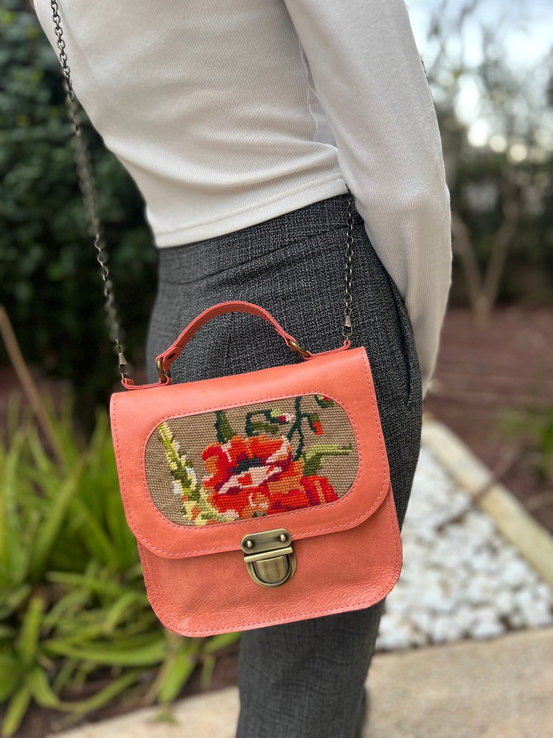 Peach leather handbag with a vintage floral needlepoint,gift for mothers day, small pink leather handbag, handmade needlepoint purse image 9