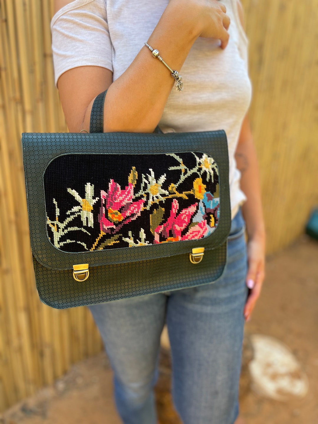 Dark Green Leather Backpack With Vintage Floral Needlepoint, Green Bag