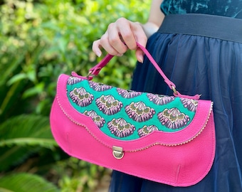 Fuchsia Leather handbag, pink and green purse, unique learher purse, handmade Fuchsia handbag, pink handbag