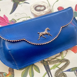 Blue horse clutch, Kentucky Derby horse clutch, derby bag, Blue leather clutch with a horse ornament, blue evening bag,