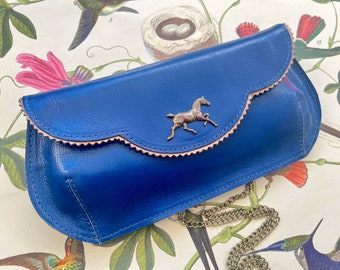 Blue horse clutch, kentucky derby bag, Blue leather clutch with a horse ornament, blue evening bag,