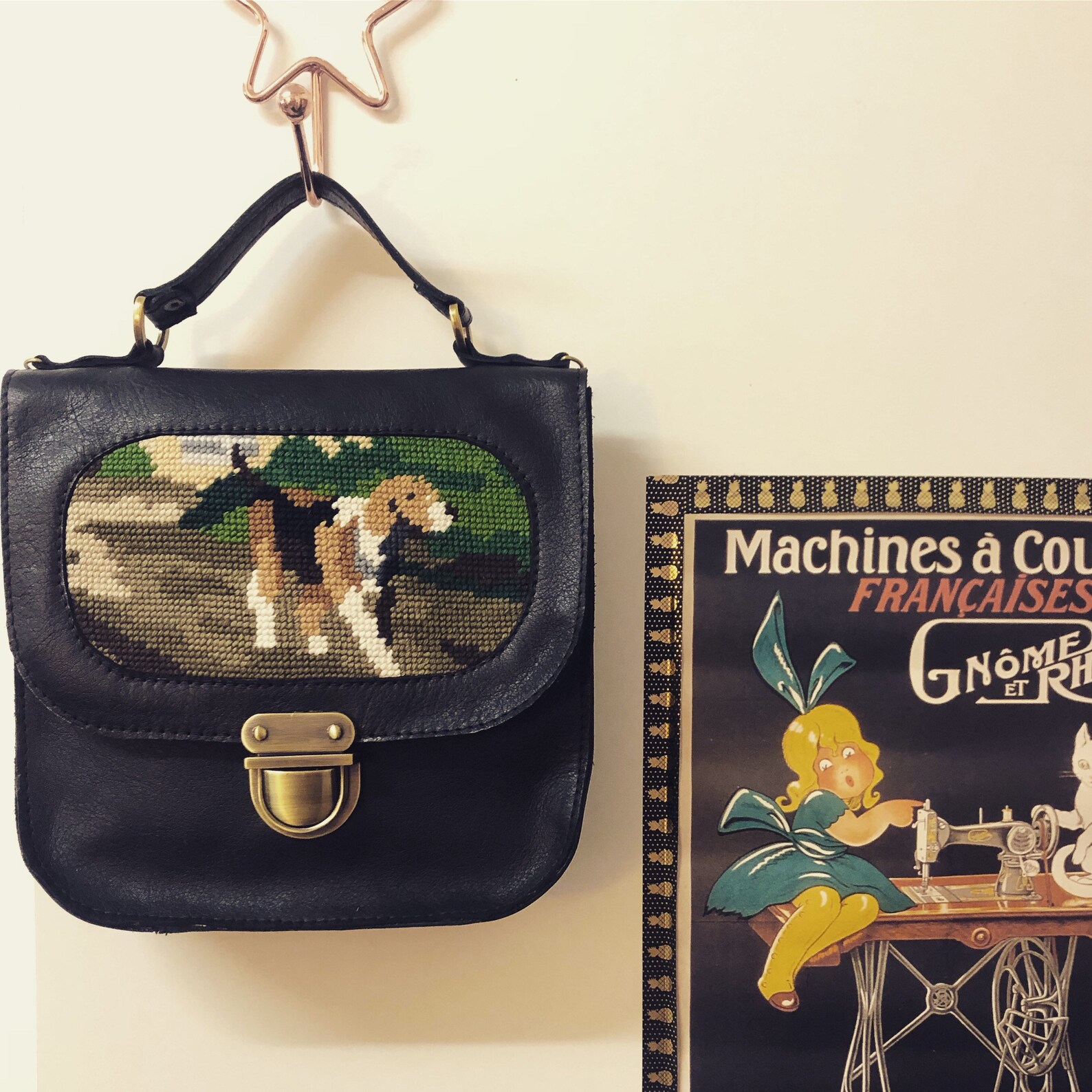 Dog handbag Black leather handbag with a dog needlepoint Etsy