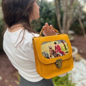 Mustard leather handbag with a vintage horserider needlepoint, small yellow leather handbag, handmade needlepoint purse for women image 3