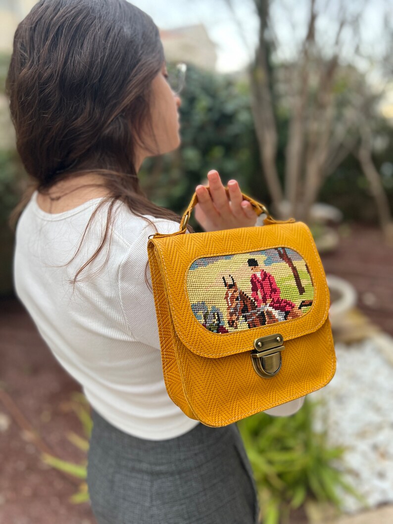 Mustard leather handbag with a vintage horserider needlepoint, small yellow leather handbag, handmade needlepoint purse for women image 3