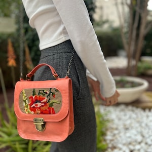 Peach leather handbag with a vintage floral needlepoint,gift for mothers day, small pink leather handbag, handmade needlepoint purse image 3