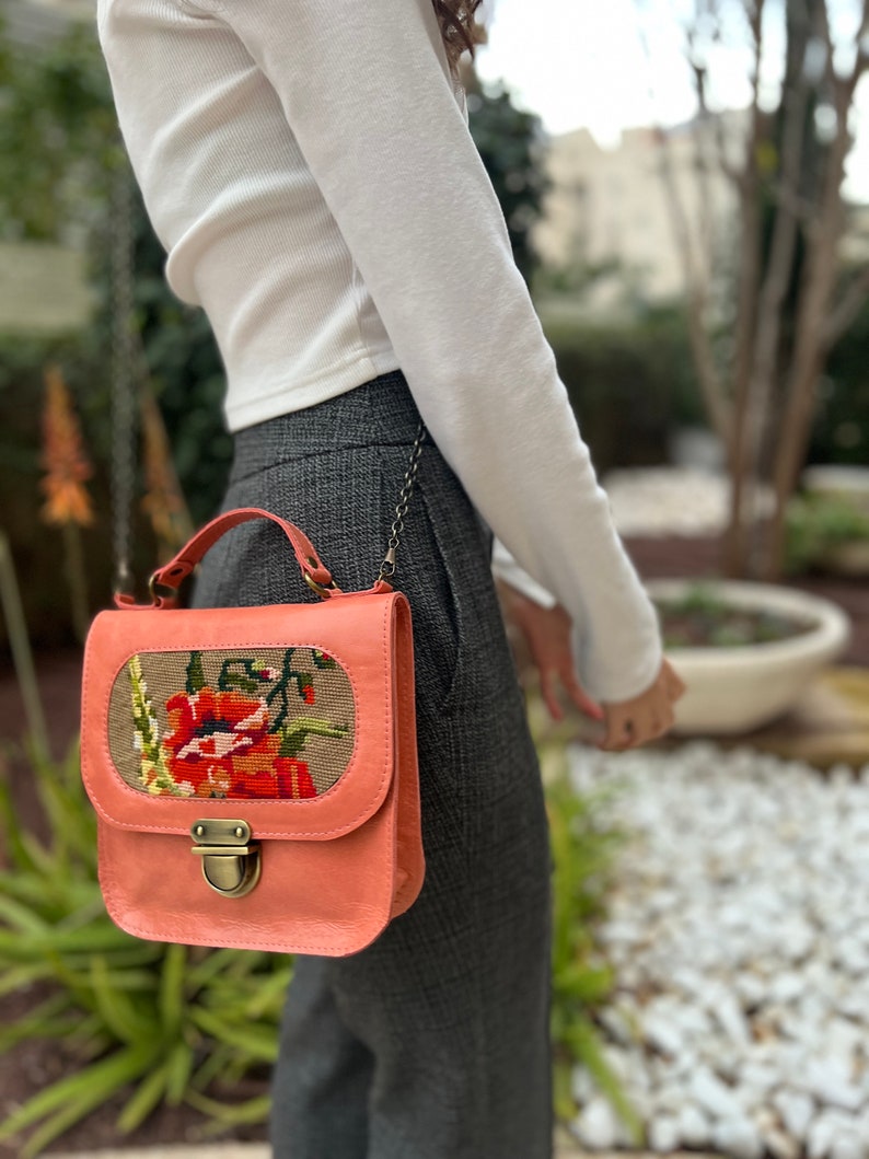 Peach leather handbag with a vintage floral needlepoint,gift for mothers day, small pink leather handbag, handmade needlepoint purse image 3