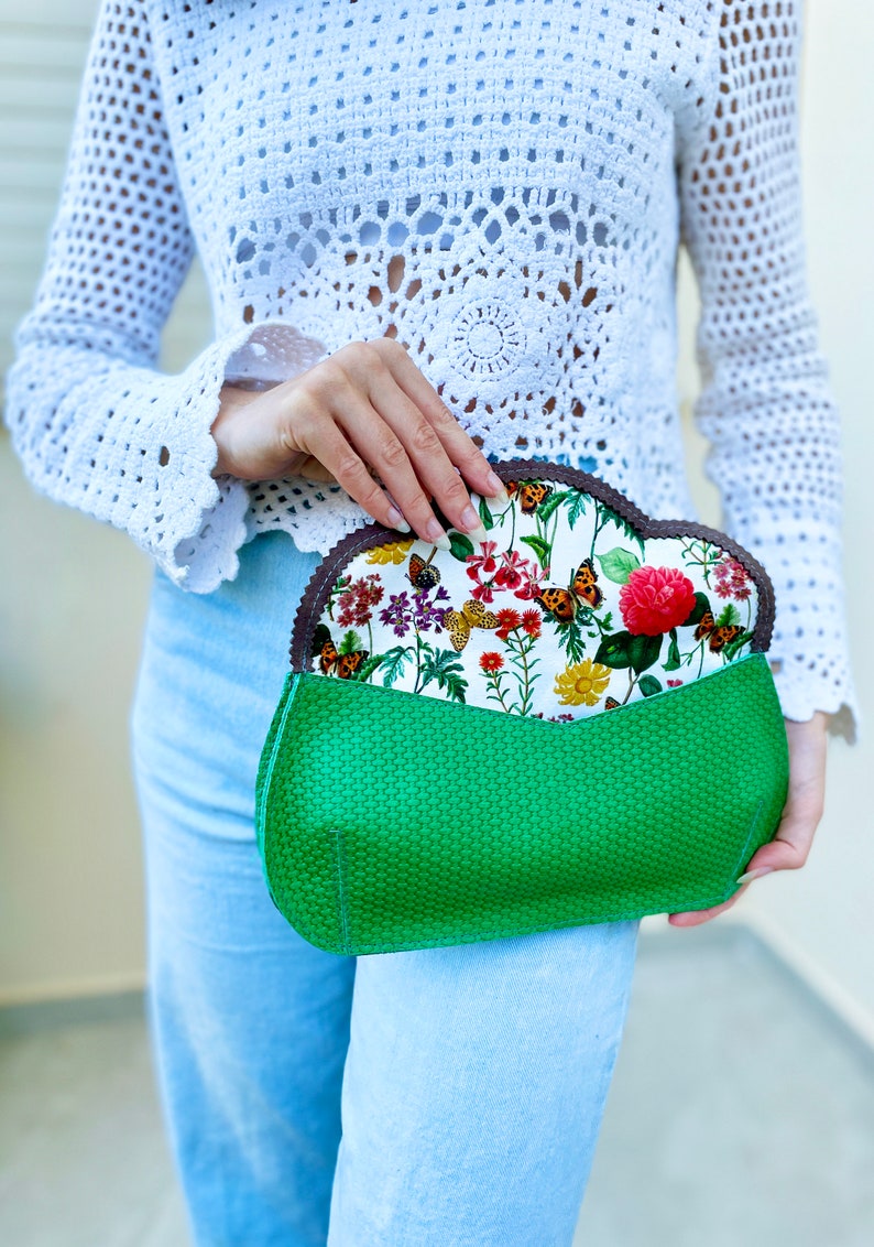 Derby Green leather purse, leather clutch with horse, floral evening bag, grass green leather clutch, crossbody bag image 2