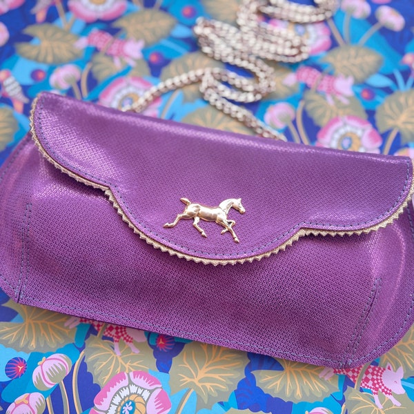 Shimmering Violet leather clutch with golden horse ,clutch for weddings, horse evening bag, purple leather purse, evening purse