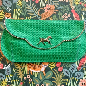 Derby Green leather purse, leather clutch with horse, floral evening bag, grass green leather clutch, crossbody bag image 10