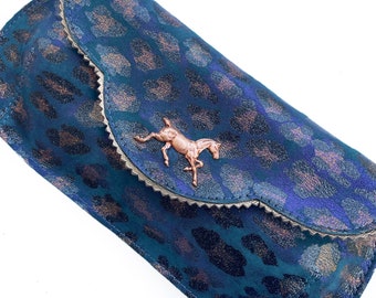 Deep blue clutch with horse figure , Leopard print bridesmaid clutch, mini blue bag,horse rac derby purse, gift for women, Blue evening bag,