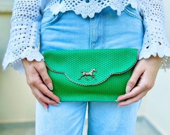 Kentucky Derby Green leather purse, royal ascot Horse leather clutch, floral evening bag, grass green leather clutch, crossbody bag