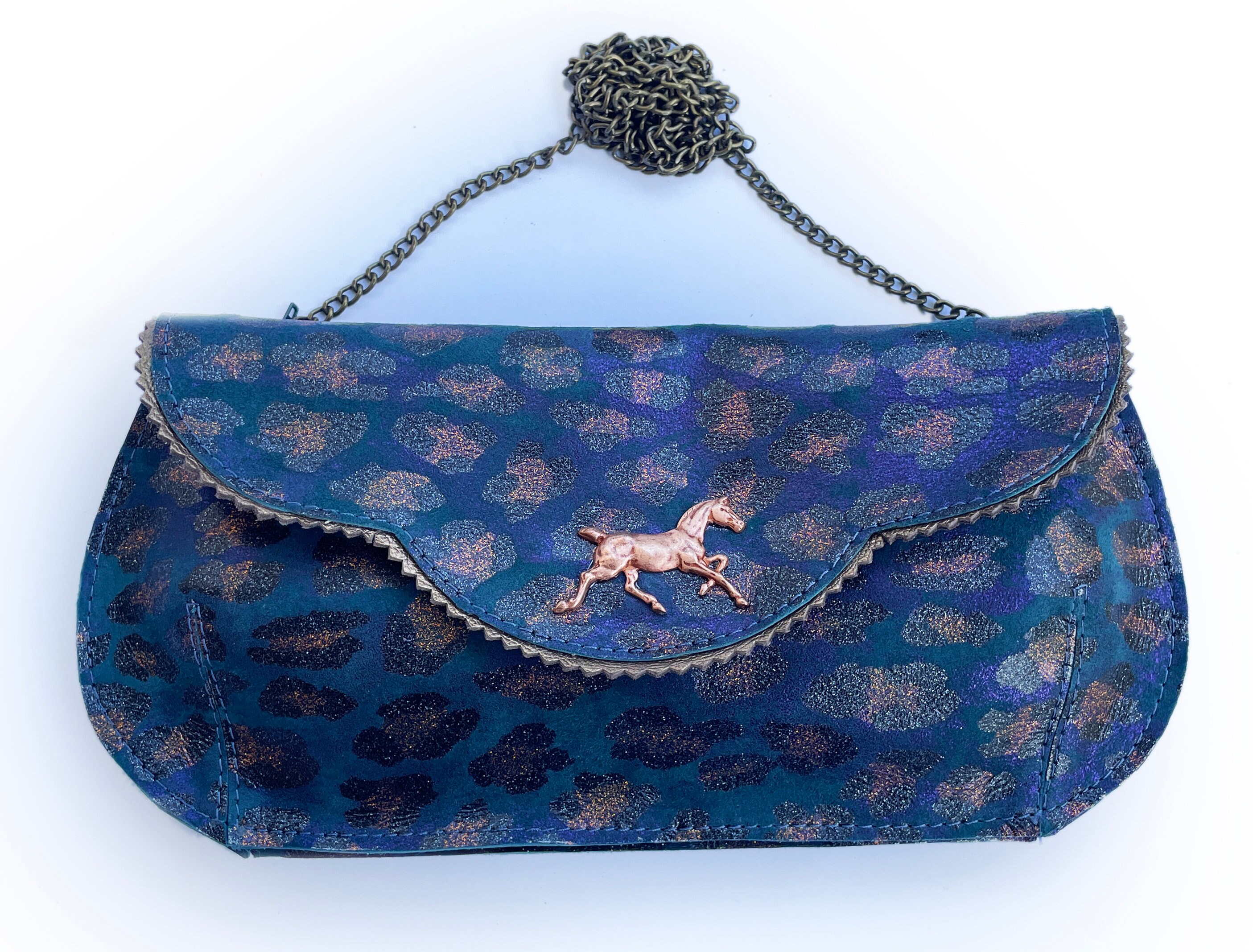 Deep Blue Clutch With Horse Figure , Leopard Print Bridesmaid Clutch