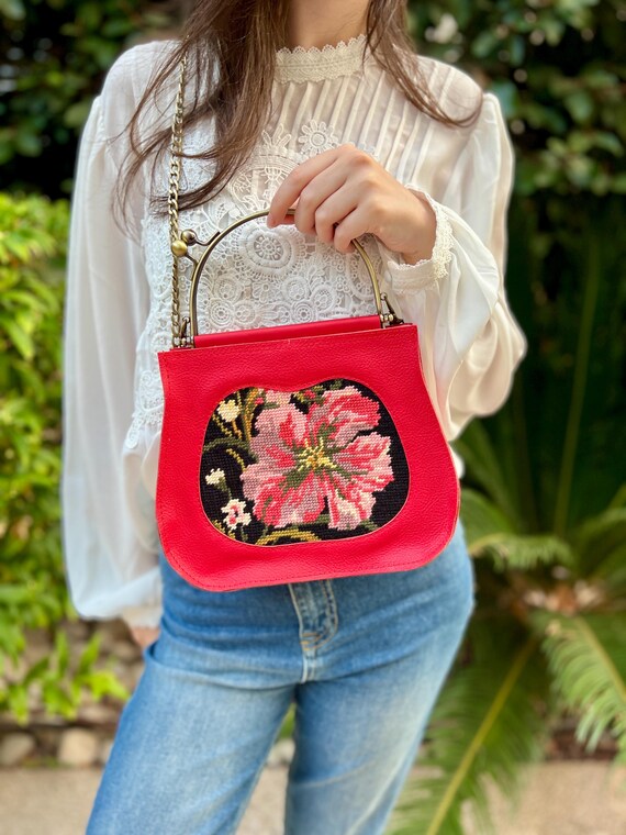 ニードルポイント＆レザーハンドバッグ、キスロックハンドル付き