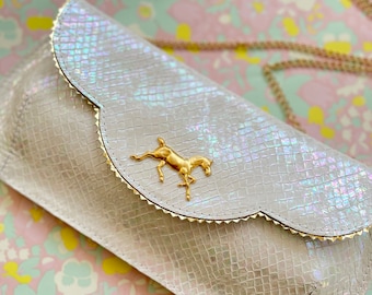 Sparkling Christmas eve clutch, horse clutch, white pearl leather purse, purse eith gold horse