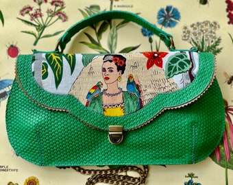 Frida Kahlo purse, unique Green  retro leather purse, Spring top handle crossbody bag