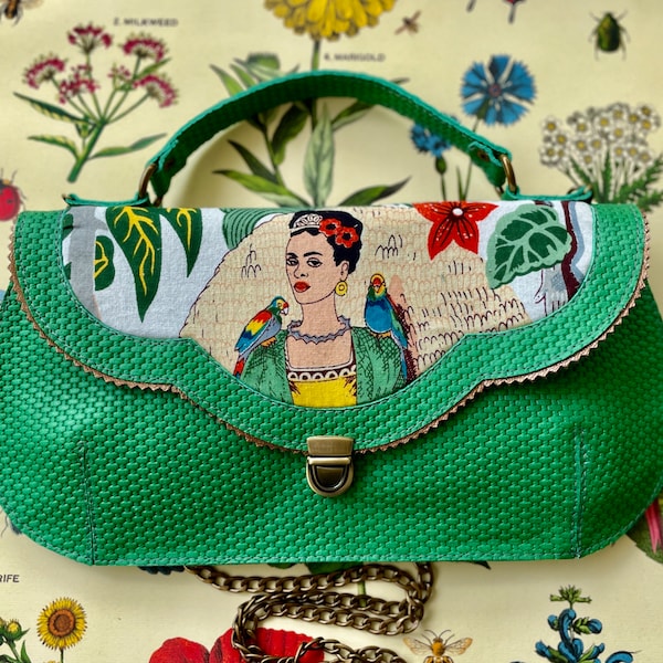 Frida Kahlo purse, mothers day gift, unique Green retro leather purse, gift for mom, Spring top handle crossbody bag