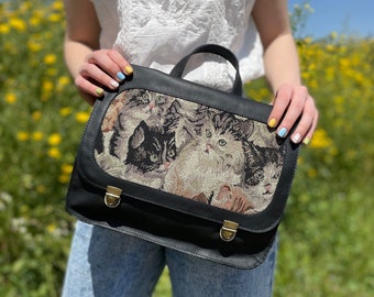 Black leather backpack with cats tapestry, Black and white bag, cats needlepoint bag, Black backpack
