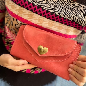 Heart lock wallet, pink leather wallet for women, valentines gift wallet, romantic gift,