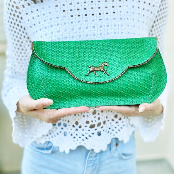 Green leather Horse races Derby clutch, royal british Horse races leather purse,  crossbody bag for formal events