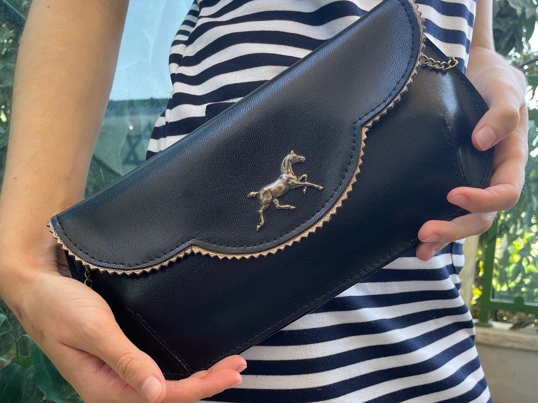 Horse Clutch, Black Leather Purse ,kentucky Derby Bag, Small Retro