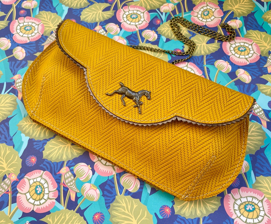 Mustard Leather Clutch, Kentucky Derby Horse Theme Purse, Leather Purse