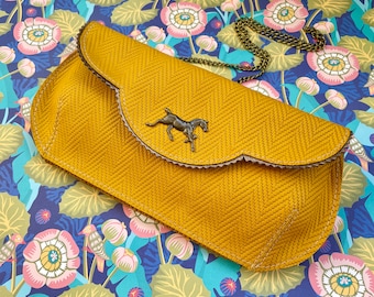 Mustard leather clutch, kentucky derby horse theme purse, leather purse with horse, gift for women, bridesmaid purse