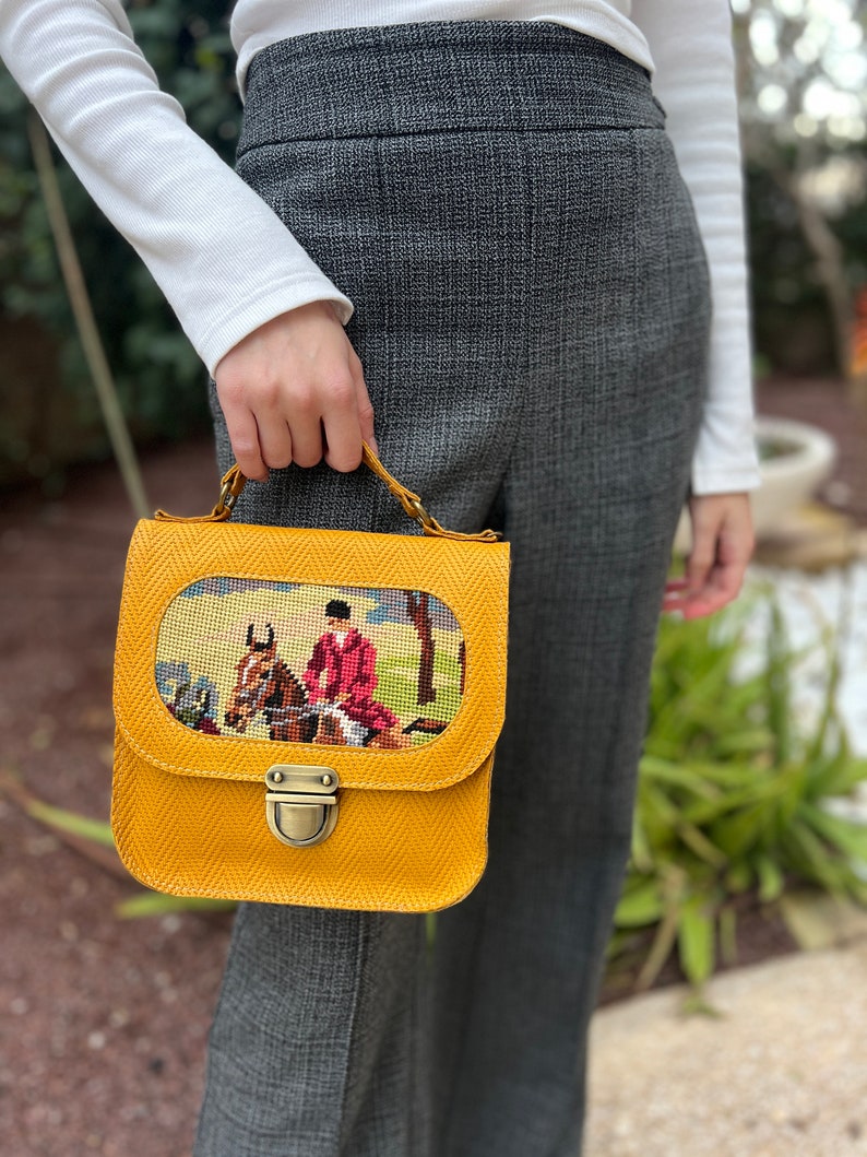 Mustard leather handbag with a vintage horserider needlepoint, small yellow leather handbag, handmade needlepoint purse for women image 1