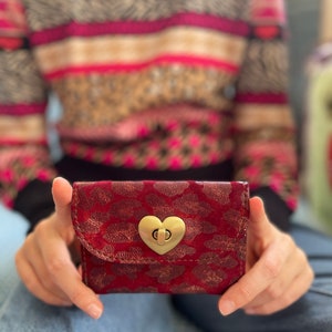 Tiny burgundy leopard wallet with heart lock, unique mother’s day gift