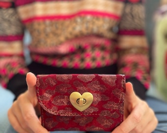 Tiny burgundy leopard wallet with heart lock, unique mother’s day gift