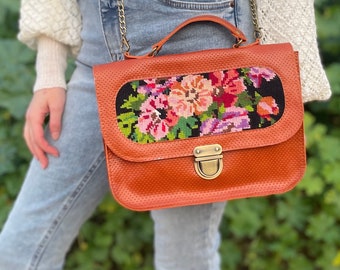 Brown leather handbag with floral vintage needlepoint, Handmade leather handbag for women, unique brown crossbody purse