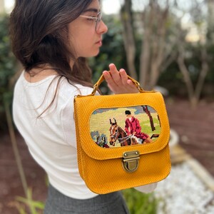 Mustard leather handbag with a vintage horserider needlepoint, small yellow leather handbag, handmade needlepoint purse for women image 2