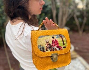 Mustard leather handbag with a vintage horserider needlepoint, small yellow leather handbag, handmade needlepoint purse for women