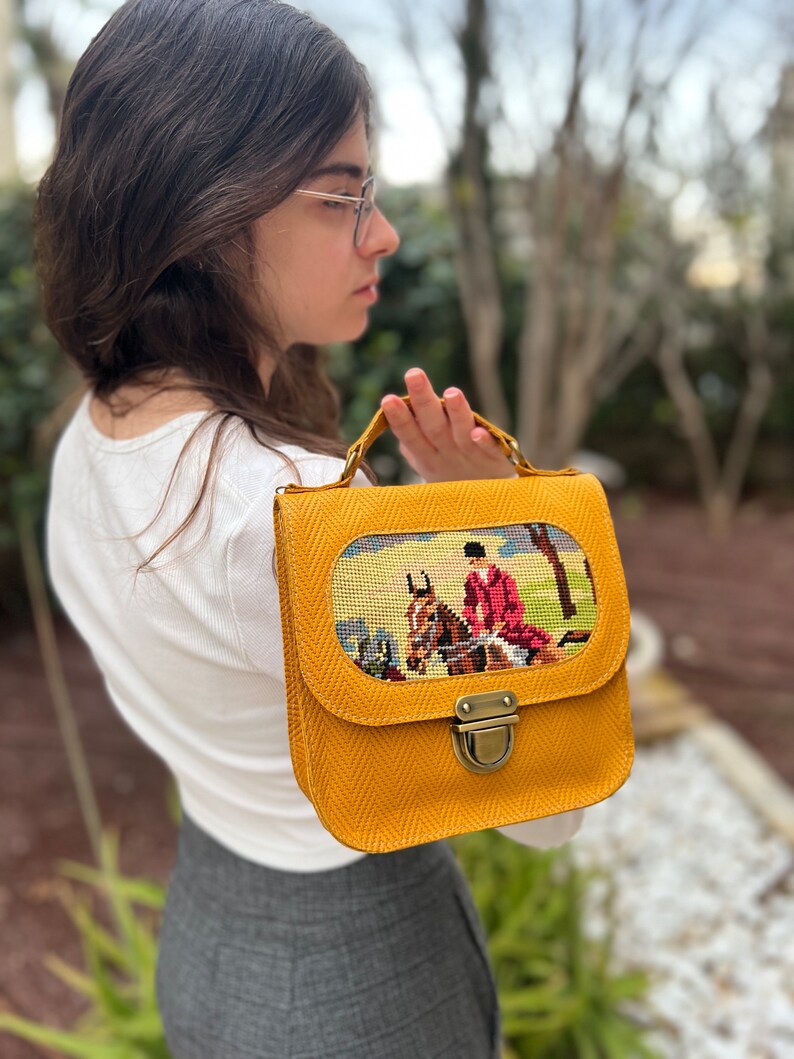 Mustard leather handbag with a vintage horserider needlepoint, small yellow leather handbag, handmade needlepoint purse for women image 2