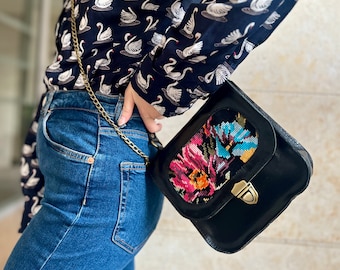 Black leather purse with floral needlepoint, crossbody bag for women, small unique bag, retro floral bag