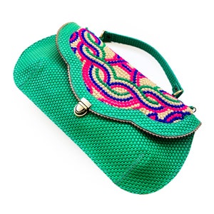 Festive Green Leather handbag with colorful embroidery, Embroidered purse, Green handbag for women, Boho style handbag