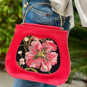 Needlepoint & leather handbag with kisslock handles, red Leather bag with vintage needlepoint, Women&#39;s cross body purse, retro handbag