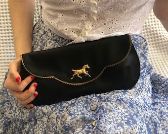 black leather clutch with a horse, horse races derby bag, small retro crossbody evening bag