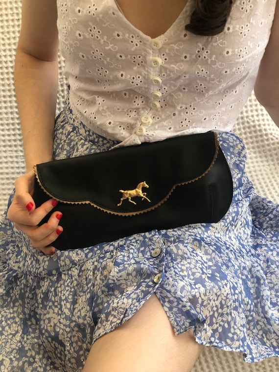 black leather clutch with a horse, horse races  kentucky derby bag, small retro crossbody evening bag