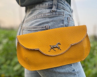 Mustard leather clutch, derby horse theme purse, leather purse with horse, gift for women, bridesmaid purse