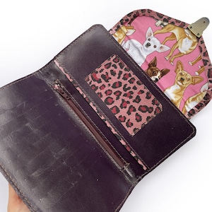 Lila und Leopard Leder Brieftasche mit Push-Verschluss, Brieftasche im Vintage-Stil für Frauen, Brieftasche aus Leder für Damen, Brieftasche aus lila Leder für Damen