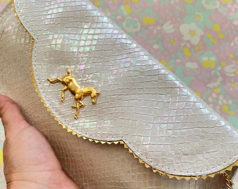 Pearl leather clutch with golden horse, bright wedding clutch,  royal ascot bag,Evening bag, shiny holographic leather purse, kentucky derby