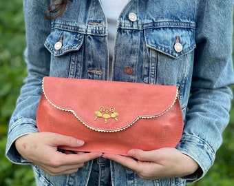 Limited edition Coral pink clutch with ballerina , valentines gift, Leather bridesmaid clutch, tiny dancers purse, gift for women