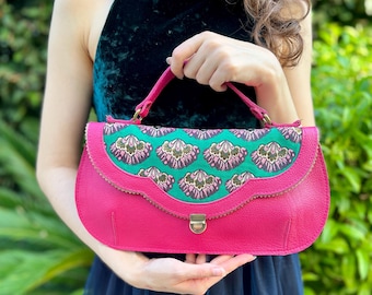 Pink Leather handbag, pink and green purse, unique learher purse, handmade Fuchsia handbag, pink handbag