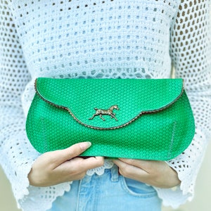 Derby Green leather purse, leather clutch with horse, floral evening bag, grass green leather clutch, crossbody bag image 7