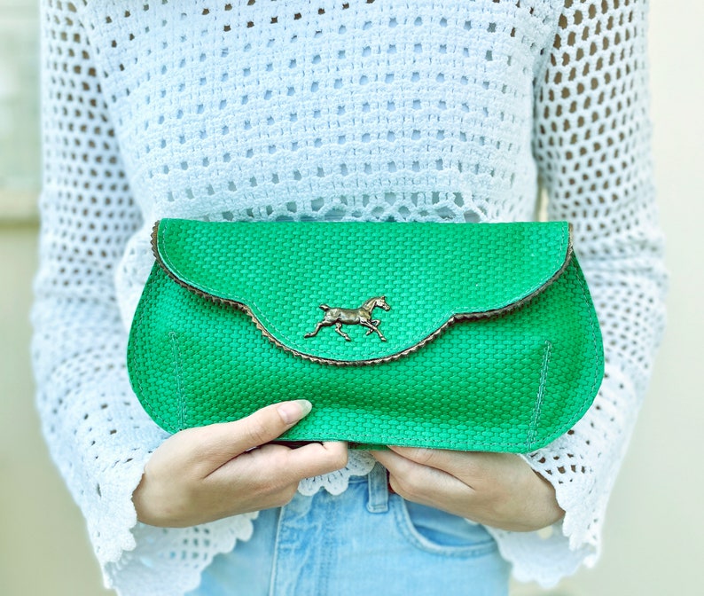 Derby Green leather purse, leather clutch with horse, floral evening bag, grass green leather clutch, crossbody bag image 7